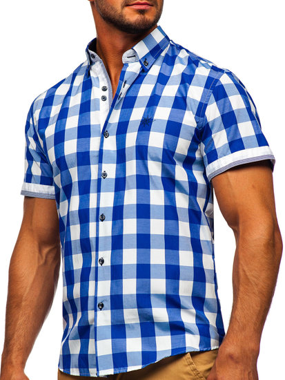 Chemise à manches courtes bleue claire à carreaux pour homme Bolf 4508