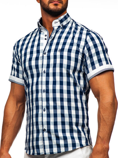 Chemise à manches courtes bleue foncée à carreaux pour homme Bolf 4508