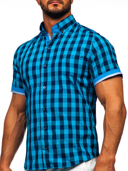 Chemise à manches courtes noire-bleue à carreaux pour homme Bolf 4508