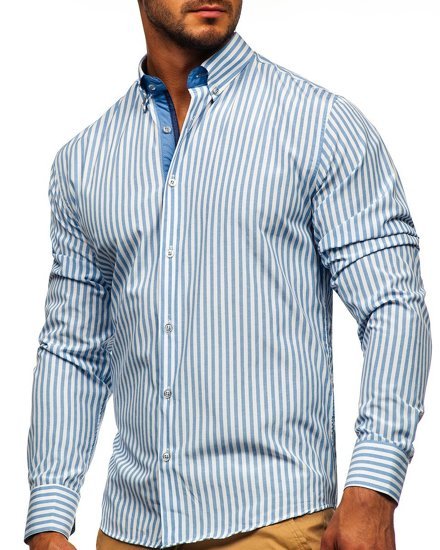 Chemise à manches longues rayée pour homme bleue foncée Bolf 20704 