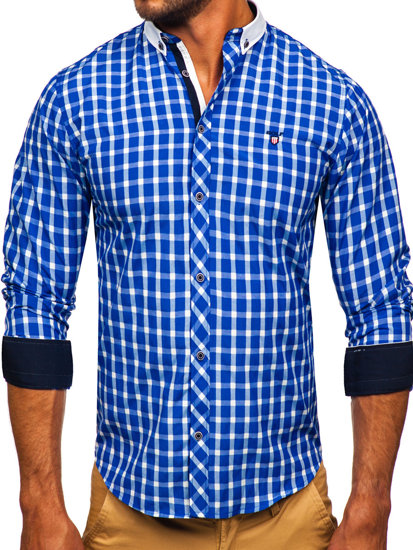 Chemise élégante à manche longue à carreaux pour homme bleue cobalt Bolf 5737-1