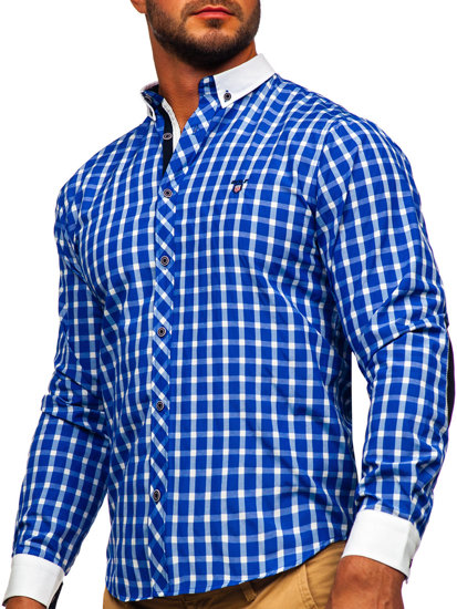 Chemise élégante à manche longue à carreaux pour homme bleue cobalt Bolf 5737-1