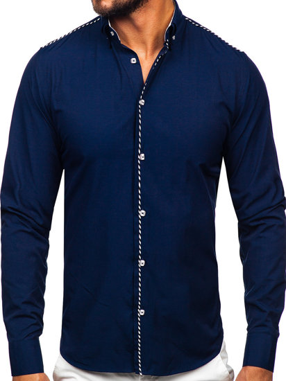 Chemise élégante à manche longue pour homme bleue foncée Bolf 6920