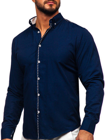 Chemise élégante à manche longue pour homme bleue foncée Bolf 6920