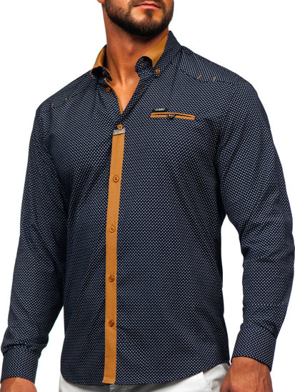 Chemise élégante à manches longues pour homme bleue foncée Bolf 19603