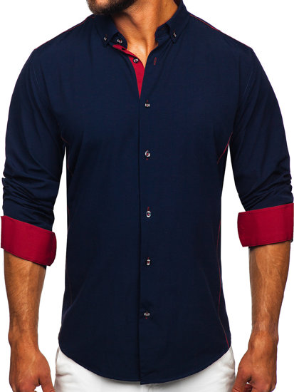 Chemise élégante à manches longues pour homme bleue foncée-bordeaux Bolf 5722-1