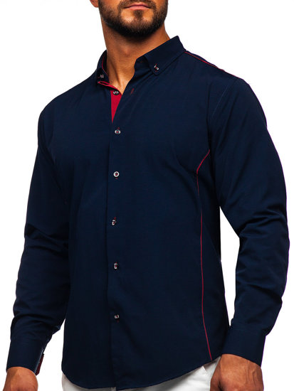 Chemise élégante à manches longues pour homme bleue foncée-bordeaux Bolf 5722-1