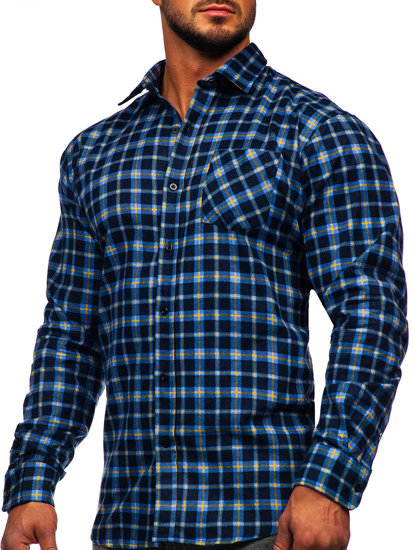 Chemise en flanelle à carreaux à manche longue pour homme bleue-jaune Bolf F4