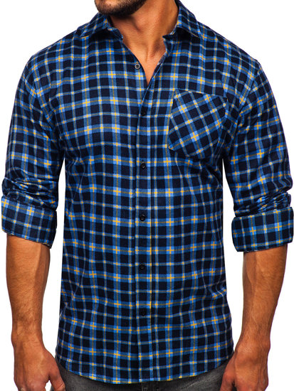 Chemise en flanelle à carreaux à manche longue pour homme bleue-jaune Bolf F4