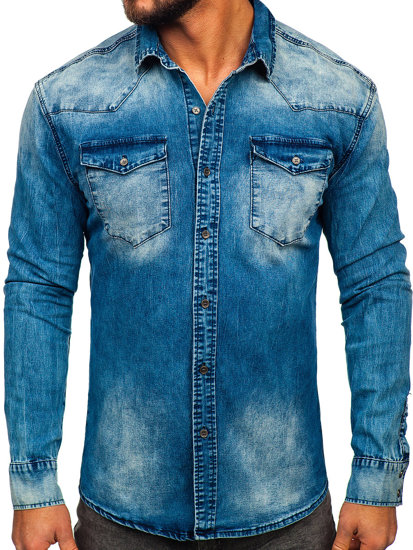 Chemise en jean à manche longue pour homme bleue foncée Bolf MC710BS