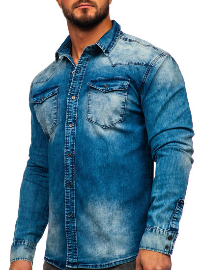 Chemise en jean à manche longue pour homme bleue foncée Bolf MC710BS