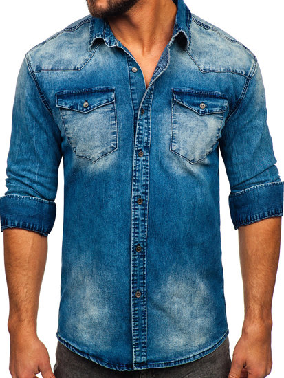 Chemise en jean à manche longue pour homme bleue foncée Bolf MC710BS