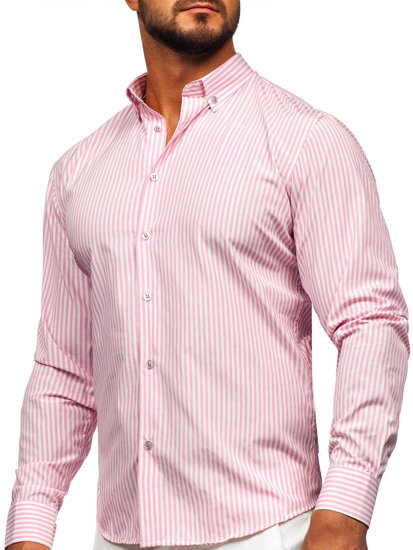 Chemise en rayures à manche longue pour homme rose Bolf 22731