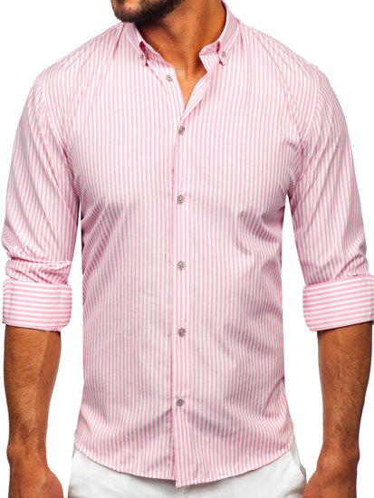 Chemise en rayures à manche longue pour homme rose Bolf 22731