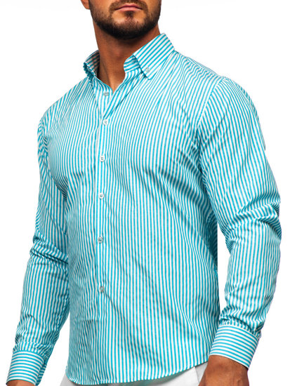 Chemise en rayures à manche longue pour homme turquoise Bolf 22731