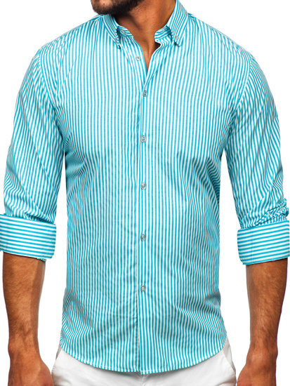 Chemise en rayures à manche longue pour homme turquoise Bolf 22731