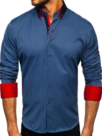 Chemise pour homme rayée à manches longues bleue foncée Bolf 2751