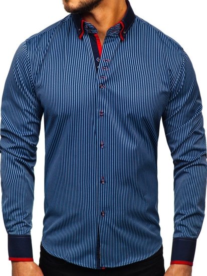 Chemise pour homme rayée à manches longues bleue foncée Bolf 2751