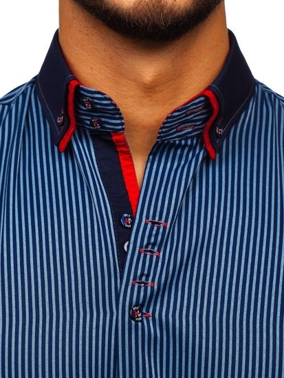 Chemise pour homme rayée à manches longues bleue foncée Bolf 2751