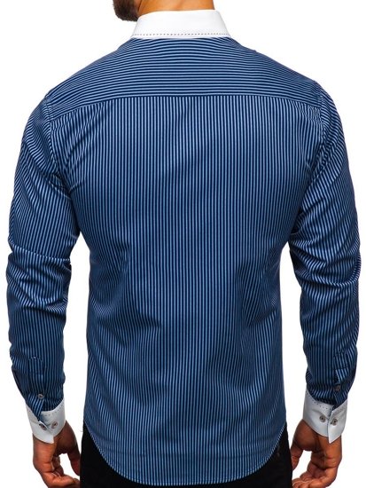 Chemise pour homme rayée à manches longues bleue foncée Bolf 9717