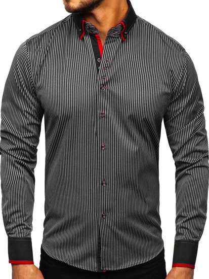 Chemise pour homme rayée à manches longues noire Bolf 2751