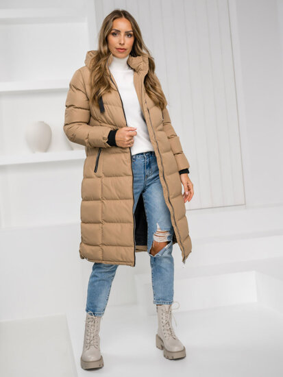 Femme Blouson d'hiver long matelassé à capuche Camel Bolf 5M736