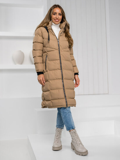 Femme Blouson d'hiver long matelassé à capuche Camel Bolf 5M736