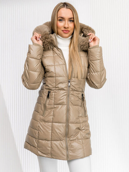 Femme Blouson d'hiver longue matelassée à capuche Beige Bolf 16M9120