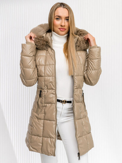 Femme Blouson d'hiver longue matelassée à capuche Beige Bolf 16M9120