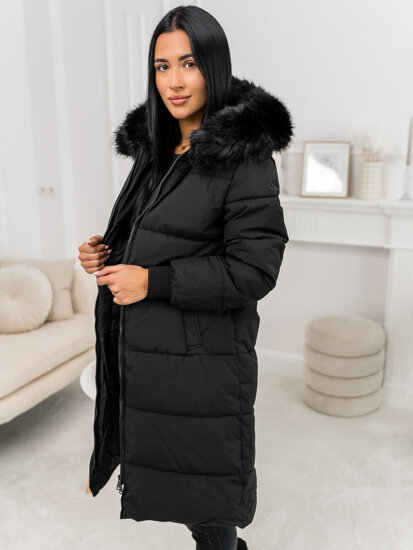 Femme Blouson d'hiver longue matelassée à capuche Noir Bolf 11Z8082