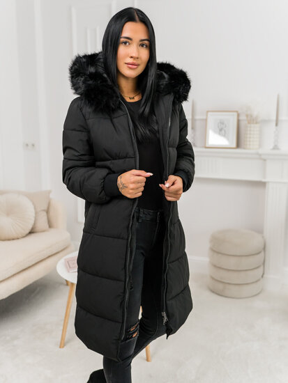 Femme Blouson d'hiver longue matelassée à capuche Noir Bolf 11Z8082