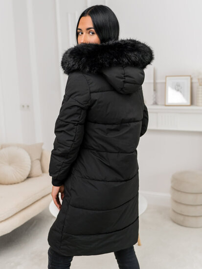 Femme Blouson d'hiver longue matelassée à capuche Noir Bolf 11Z8082