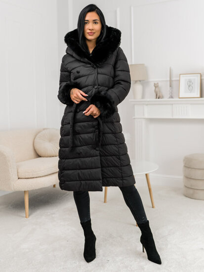 Femme Blouson d'hiver longue matelassée à capuche Noir Bolf 11Z8095