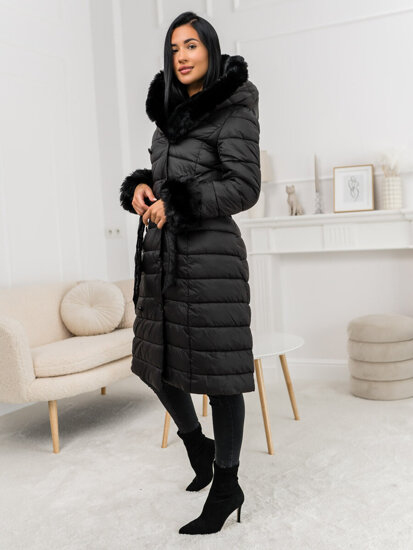 Femme Blouson d'hiver longue matelassée à capuche Noir Bolf 11Z8095