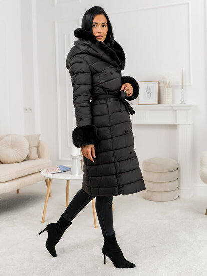 Femme Blouson d'hiver longue matelassée à capuche Noir Bolf 11Z8095