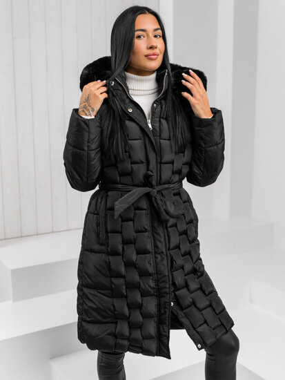 Femme Blouson d'hiver longue matelassée à capuche Noir Bolf 11Z8179