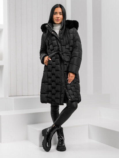 Femme Blouson d'hiver longue matelassée à capuche Noir Bolf 11Z8179