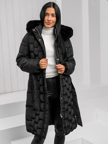 Femme Blouson d'hiver longue matelassée à capuche Noir Bolf 11Z8179