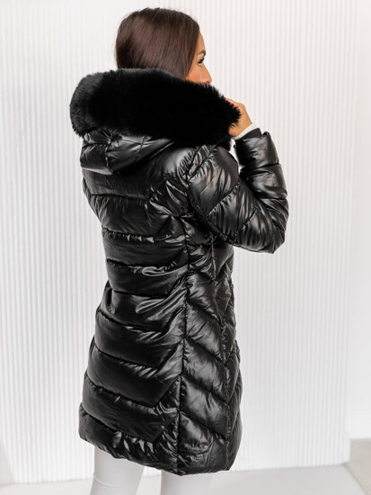 Femme Blouson d'hiver longue matelassée à capuche Noir Bolf 16M9122