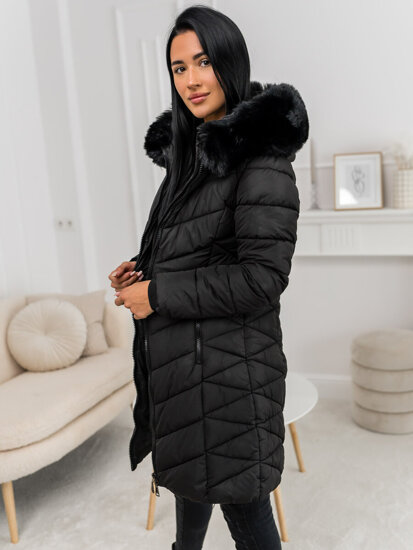 Femme Blouson d'hiver longue matelassée à capuche Noir Bolf 16M9195