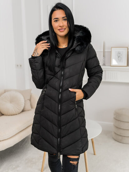 Femme Blouson d'hiver longue matelassée à capuche Noir Bolf 16M9195