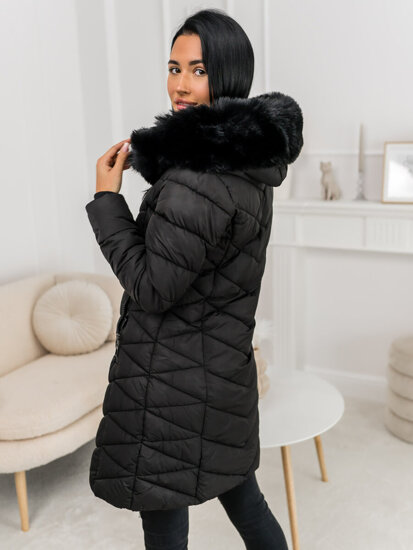 Femme Blouson d'hiver longue matelassée à capuche Noir Bolf 16M9195