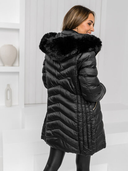 Femme Blouson d'hiver matelassée à capuche long Noir Bolf 5M3162