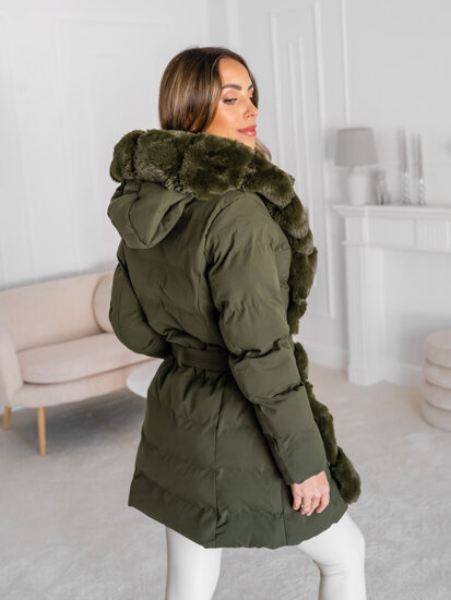 Femme Blouson d'hiver matelassée long à capuche Khaki Bolf 5M3158