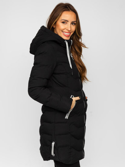 Femme Blouson d'hiver matelassée long à capuche Noir Bolf 7075