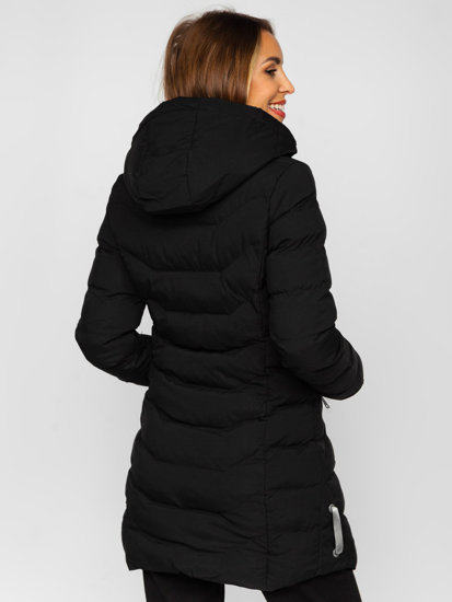 Femme Blouson d'hiver matelassée long à capuche Noir Bolf 7075