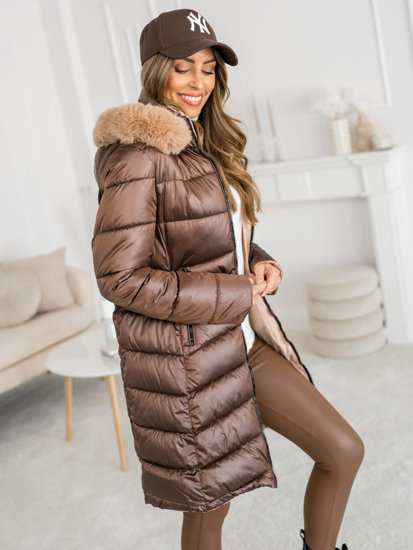 Femme Blouson d'hiver réversible long à capuche Marron Bolf B8202