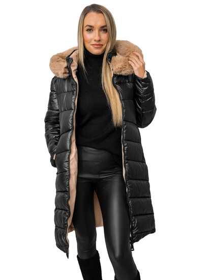 Femme Blouson matelassée longue réversible à capuche Noir Bolf B8202B