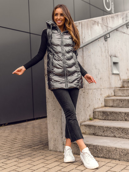 Femme Gilet matelassé long à capuche Argent Bolf 7043