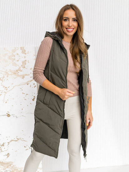 Femme Gilet matelassé long réversible avec capuche Khaki Bolf B8022A1